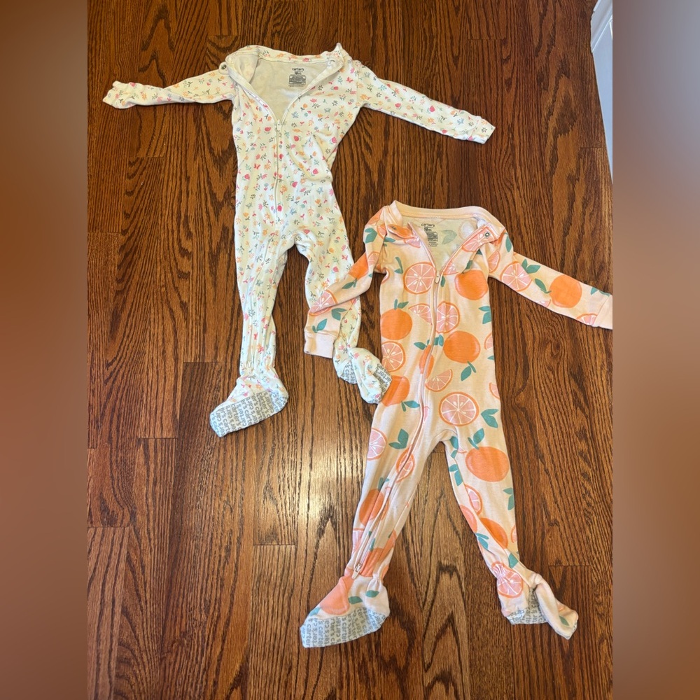 SET OF 2 18 month Pajama Carter's Floral and Citrus Kids Footies Double Zipper